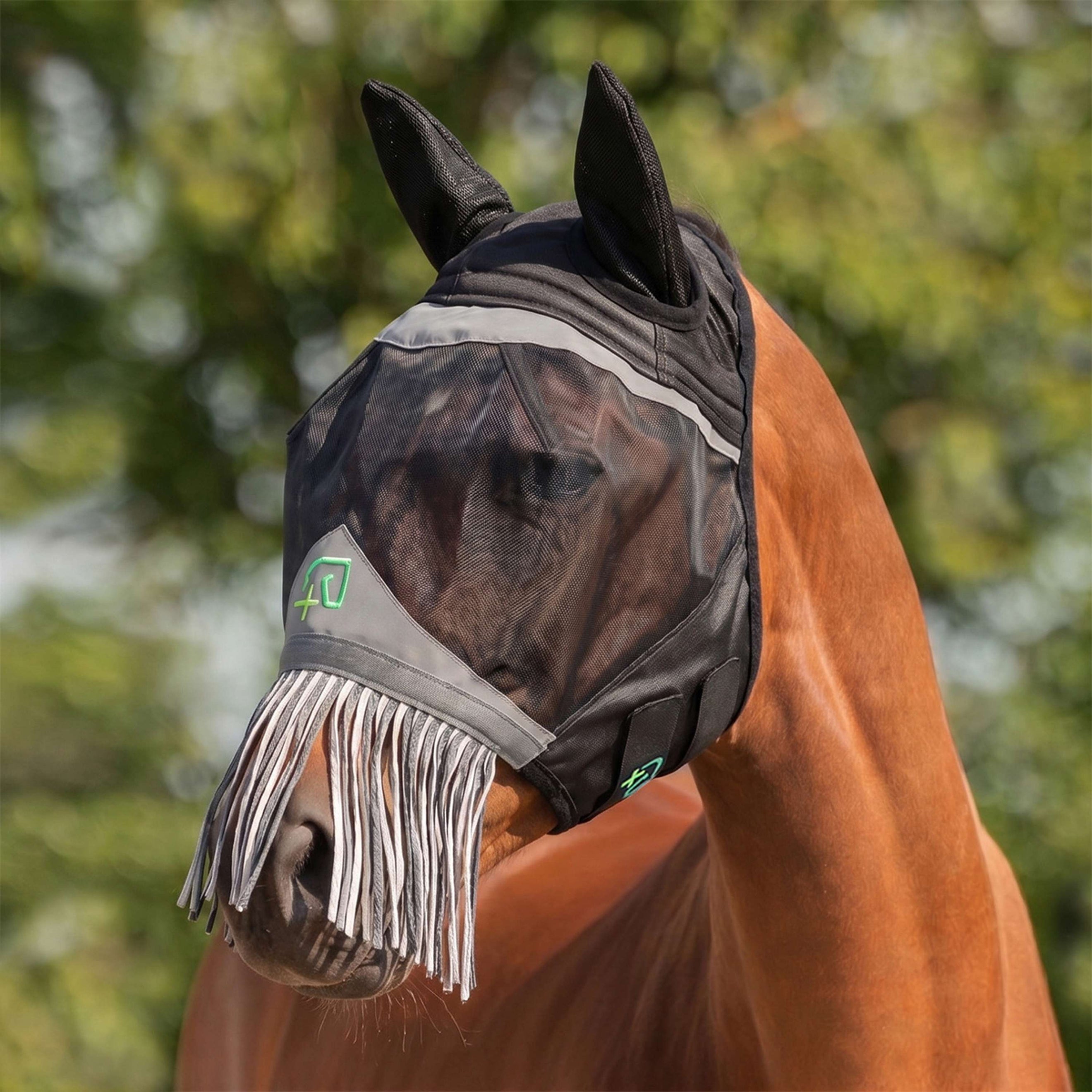 Agradi Horse Masque Anti-Mouches Fine Mesh avec Oreilles et Franges Noir