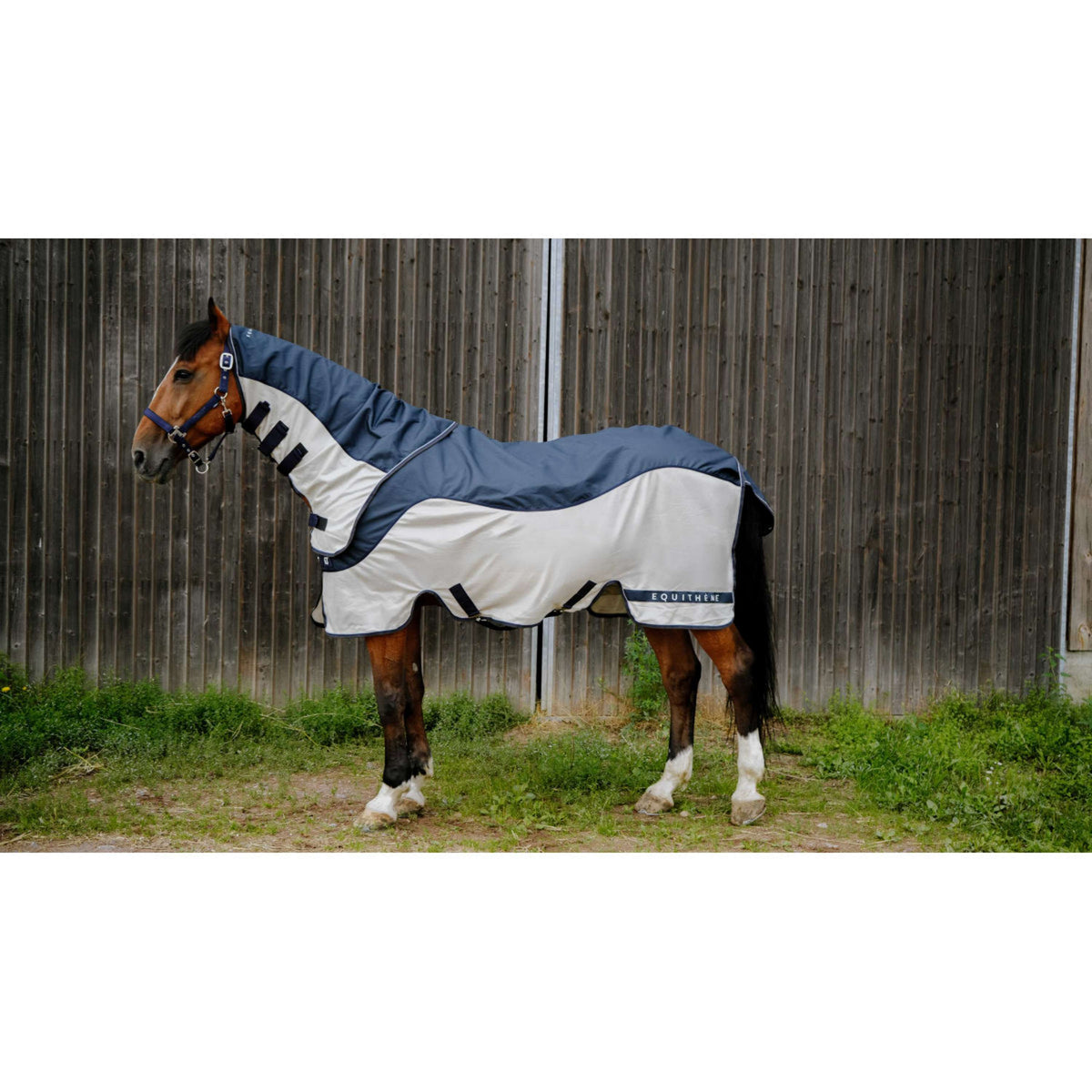 EQUITHÈME Couverture Anti-Mouches TYREX Combofly 600D avec Couvre-cou Navy Blue/Grey