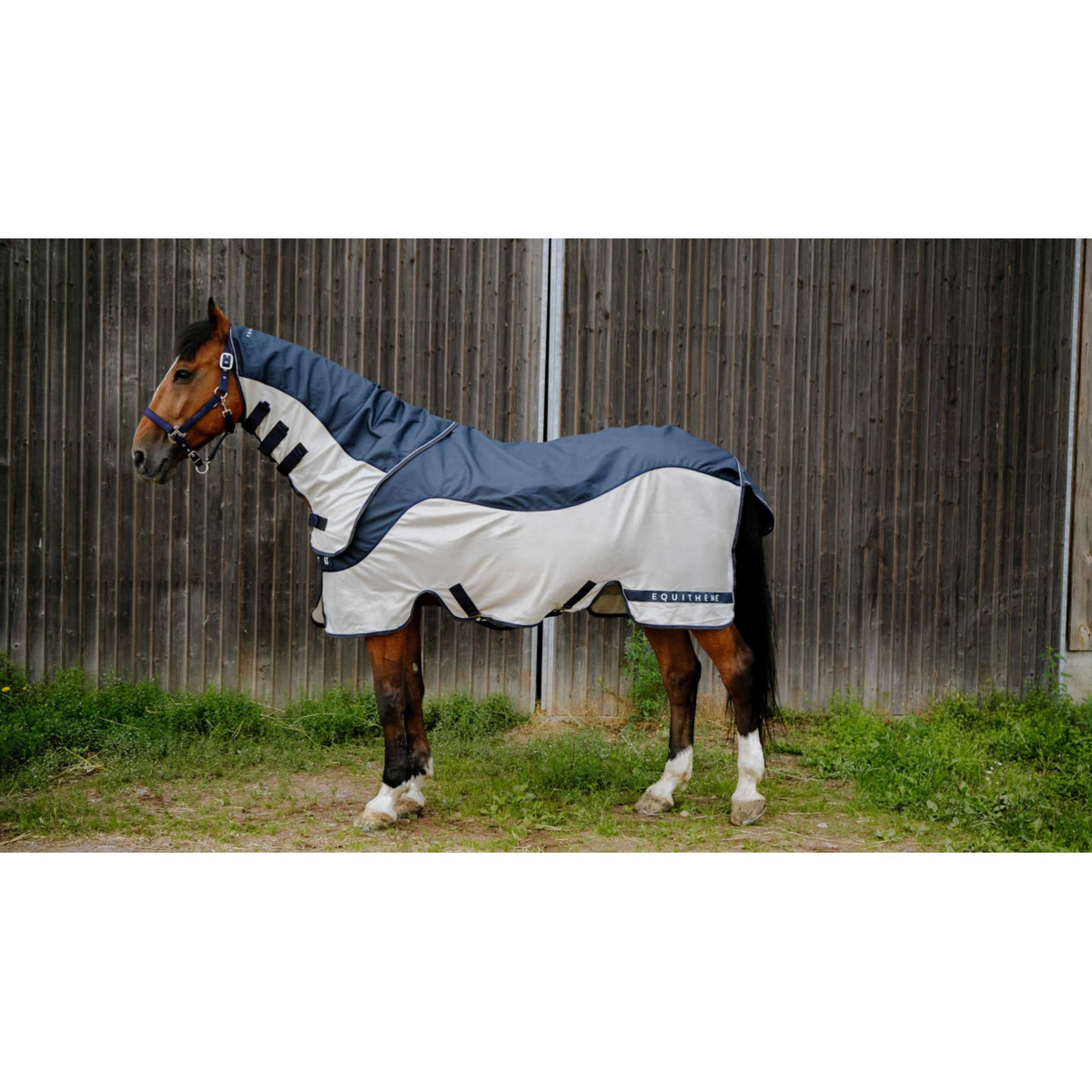 EQUITHÈME Couverture Anti-Mouches TYREX Combofly 600D avec Couvre-cou Navy Blue/Grey