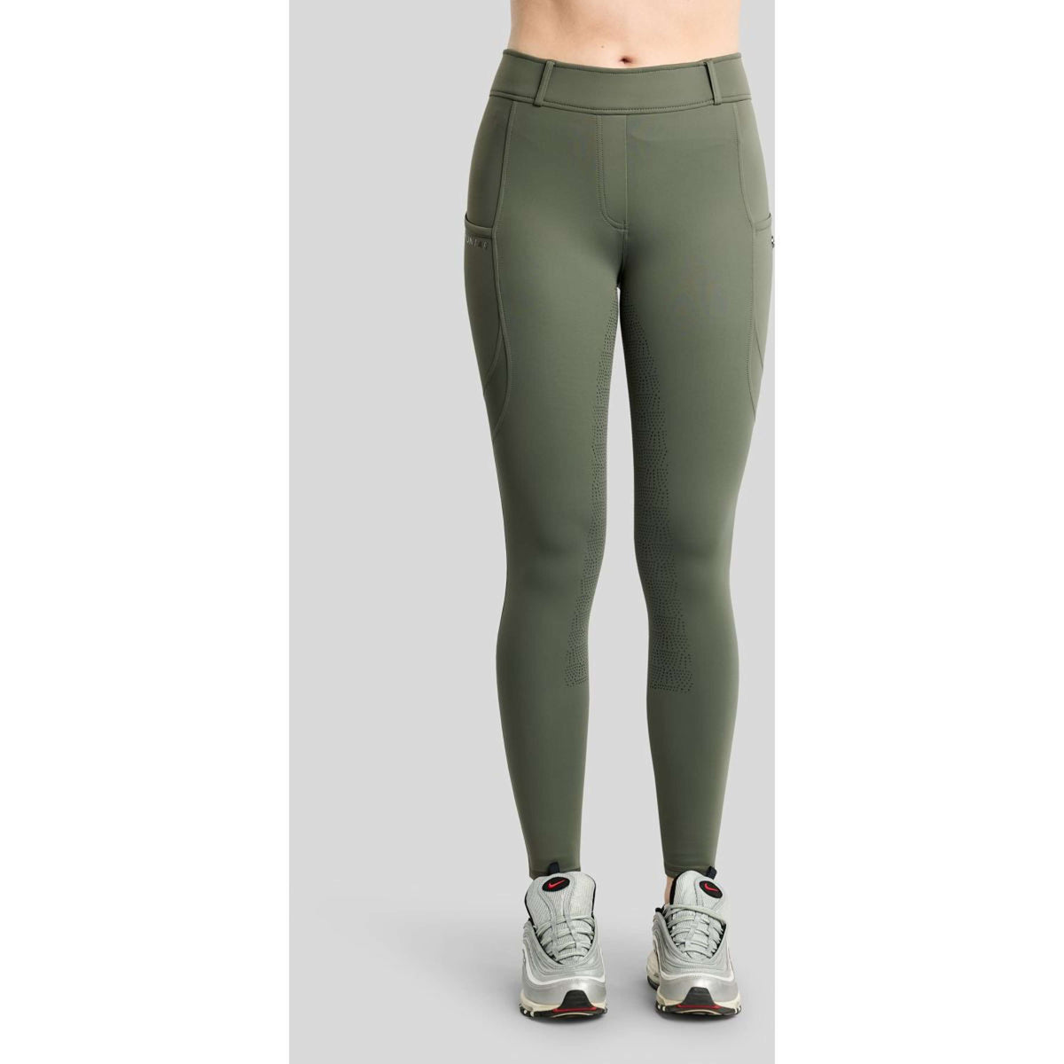 Montar Leggings d'équitation Thermo MoAddie Hybrid Gun Metal Logo Full Grip Forest Green