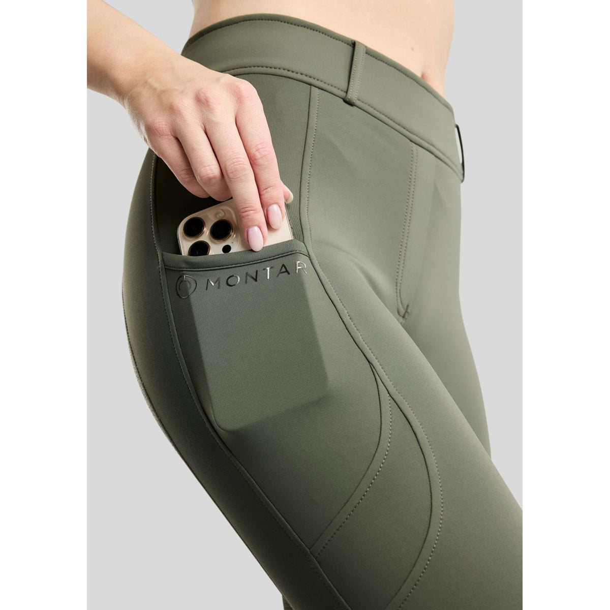 Montar Leggings d'équitation Thermo MoAddie Hybrid Gun Metal Logo Full Grip Forest Green