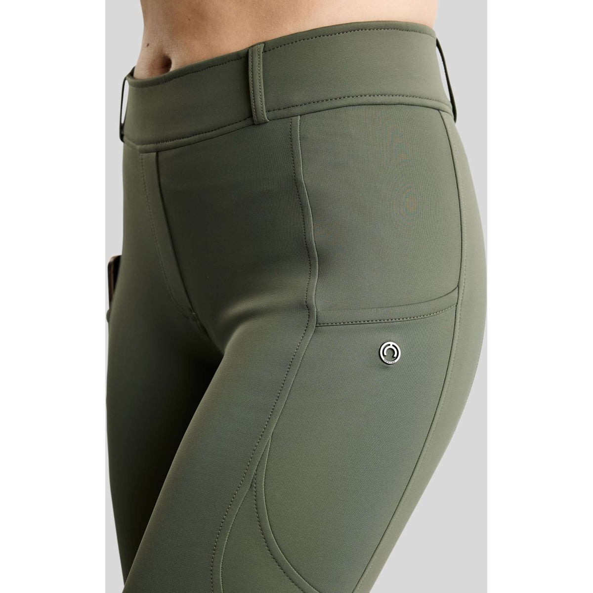 Montar Leggings d'équitation Thermo MoAddie Hybrid Gun Metal Logo Full Grip Forest Green
