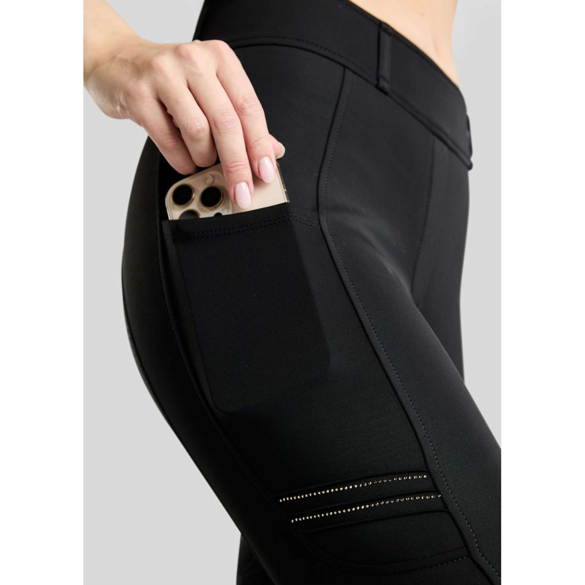 Montar Legging d'Équitation MoWilma Hybrid Pintucks Golden Quartz Crystals Full Grip Noir