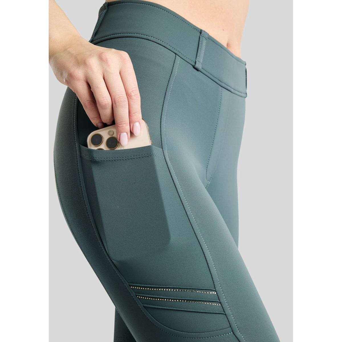 Montar Legging d'Équitation MoWilma Hybrid Pintucks Golden Quartz Crystals Full Grip Dark Slate