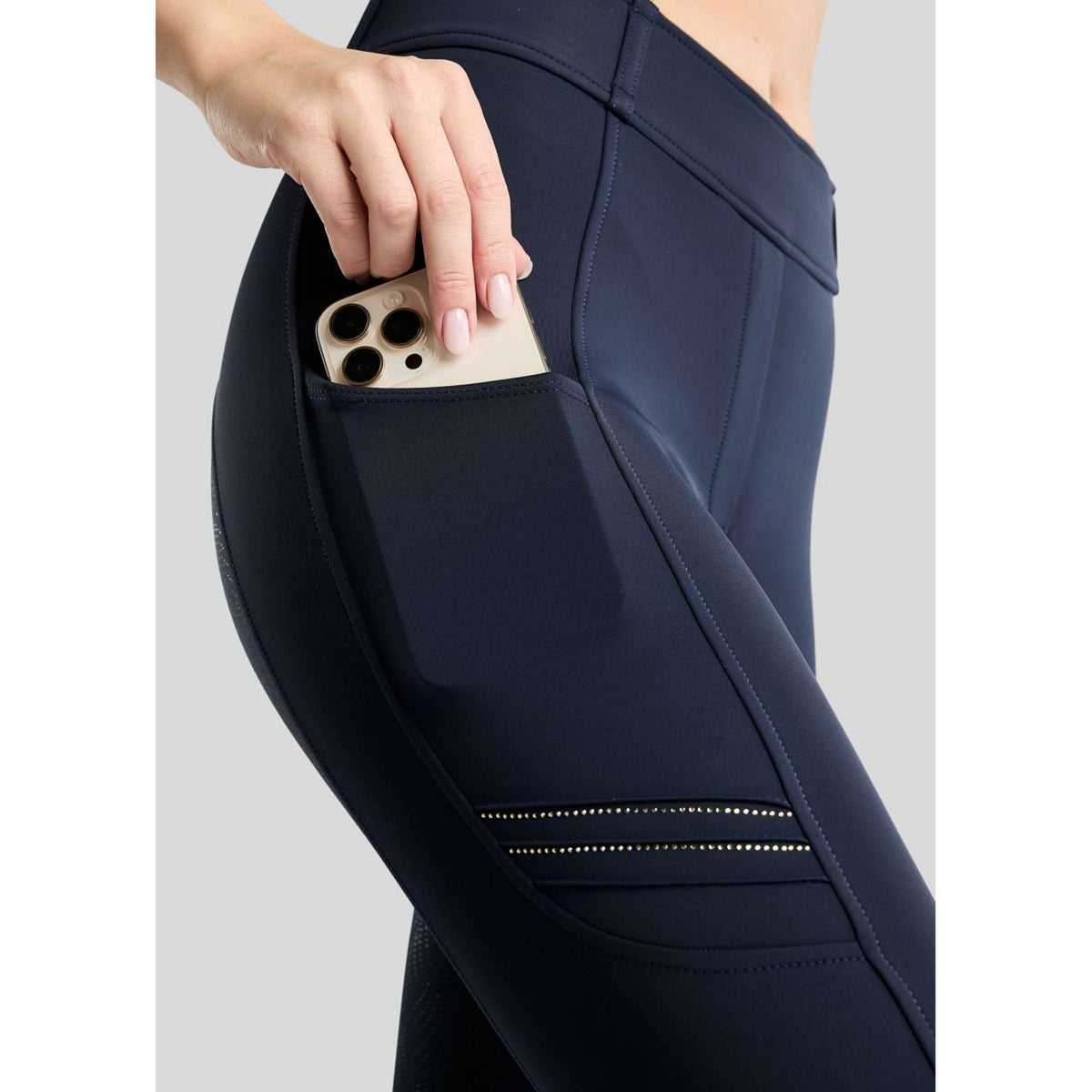 Montar Legging d'Équitation MoWilma Hybrid Pintucks Golden Quartz Crystals Full Grip Marine