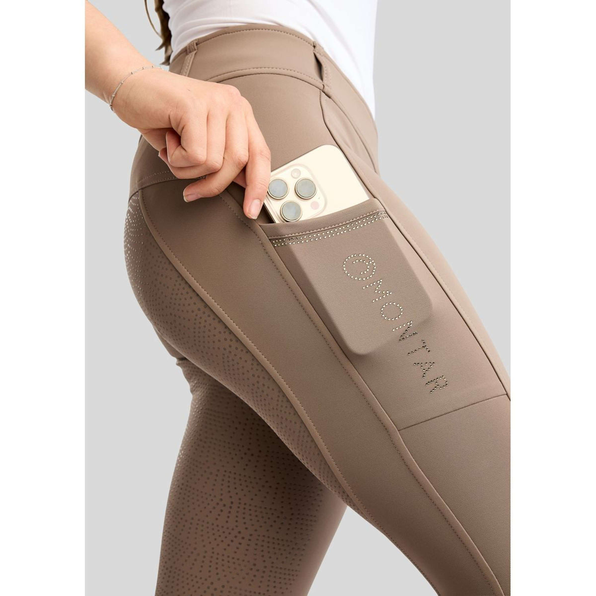 Montar Legging d'Équitation MoWilma Hybrid Pintucks Golden Quartz Crystals Full Grip Nougat Brown