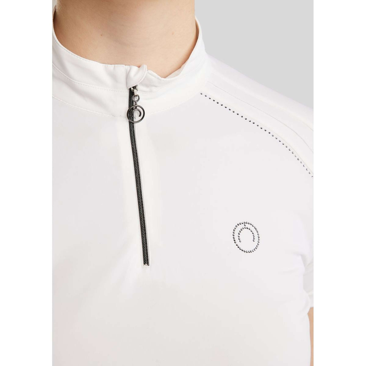 Montar T-shirt de Concours MoPearl Pintucks Gun Metal Crystals Blanc