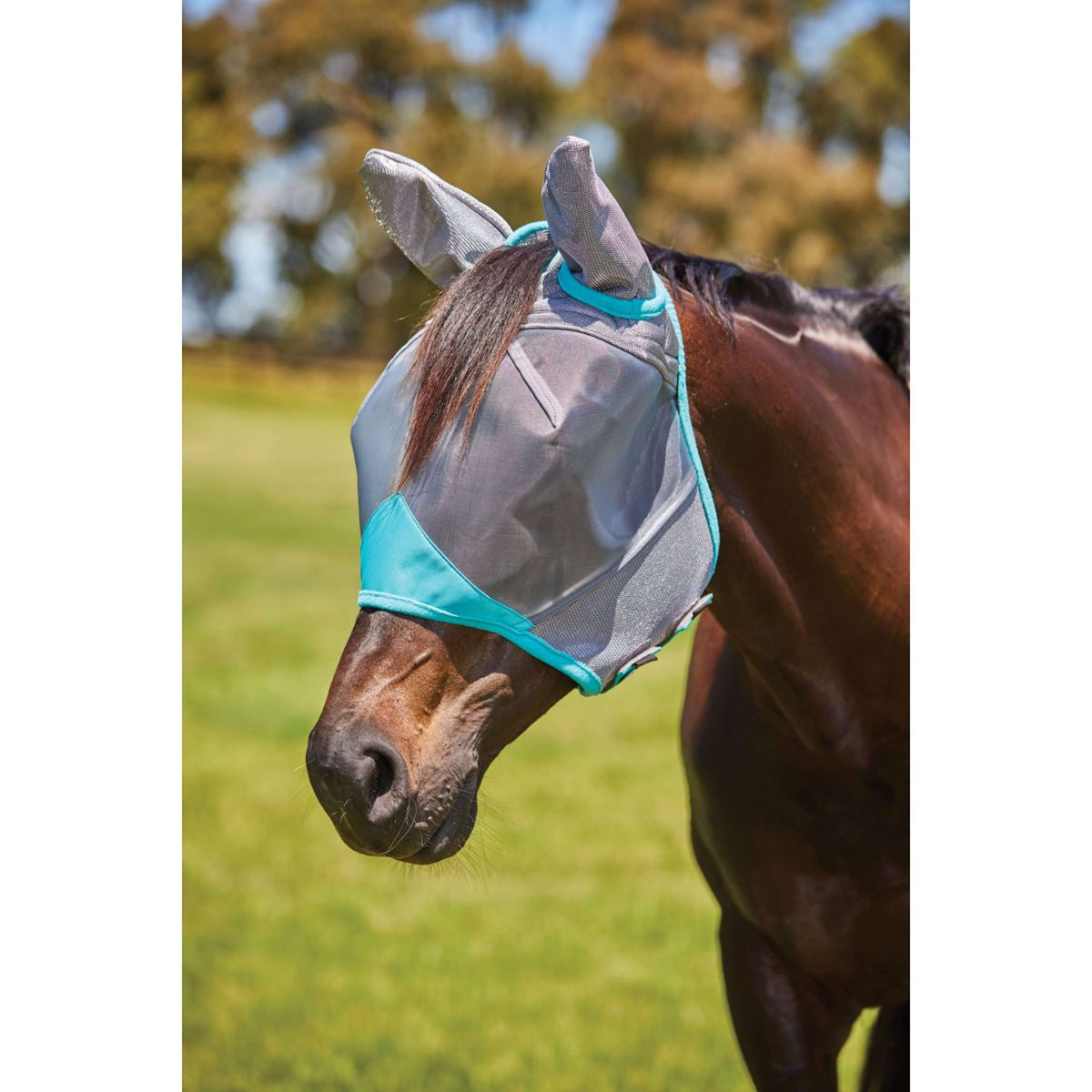 Weatherbeeta Masque Anti-Mouches Comfitec Deluxe Fine Mesh avec Oreilles Gris/Turquoise